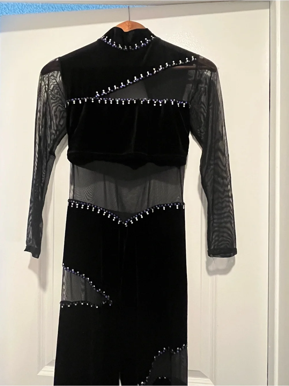 Custom Jazz Costume - Black Velvet Jumpsuit Trimmed in Purple Swarvoski Crystals